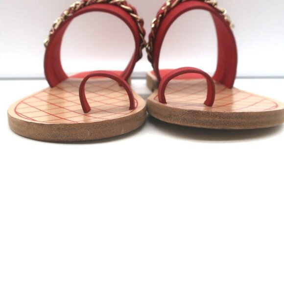 Chanel 19C CC Chain Toe-Strap Flat Slide Sandals Red Leather Size 37.5 - Picture 6 of 13